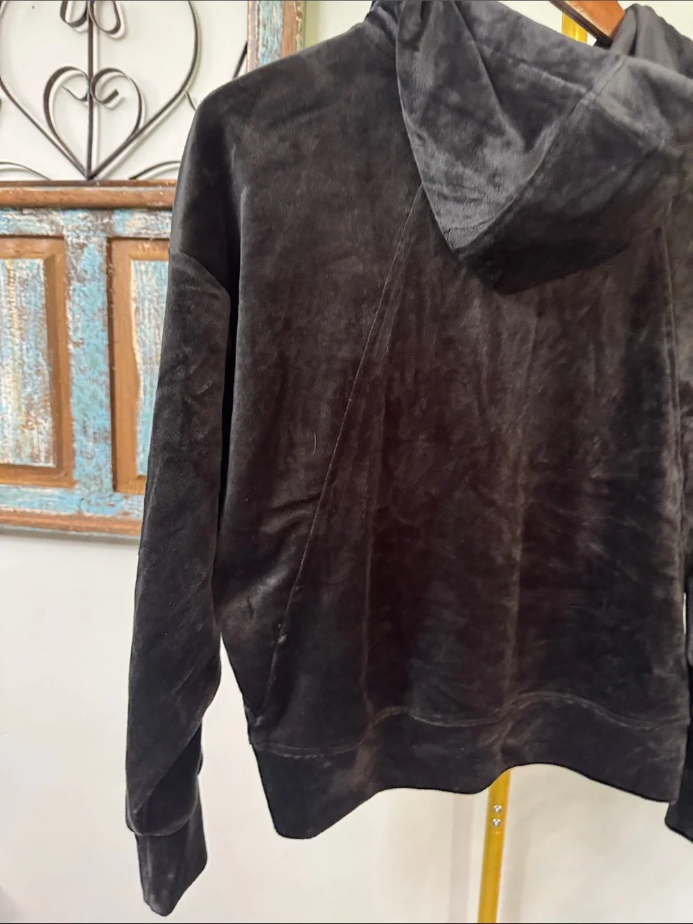 DKNY Black Velvet Hoodie with Gold and silver sequins Logo Sleeve EUC